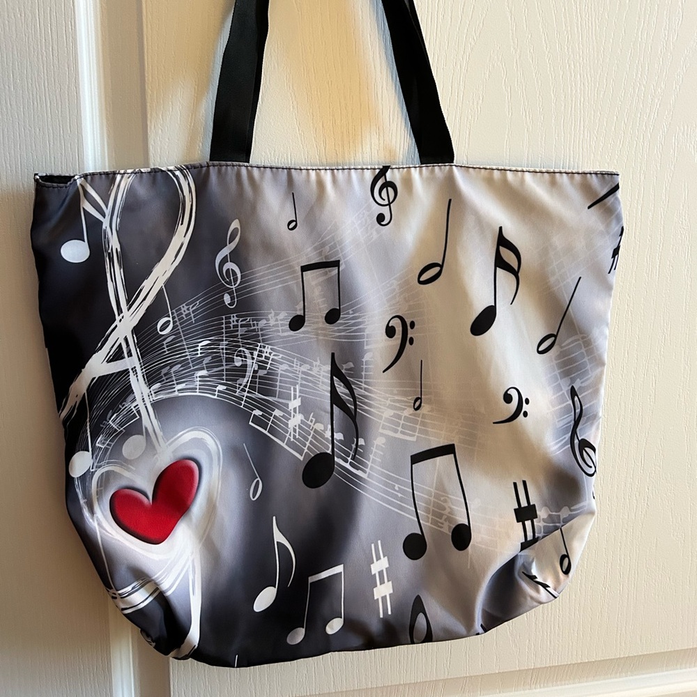 Music Print Tote Bag in Black and Gray with Red Heart